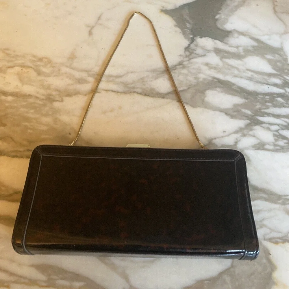 Banana Republic Tortoiseshell Patent Clutch Evening‎ Bag Gold Chain Strap